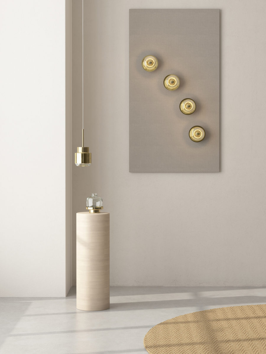 Perfect combination of the Cupallo pendant lamp, an arragement of Cupallo wall lamps and a Cupallo vase in brass